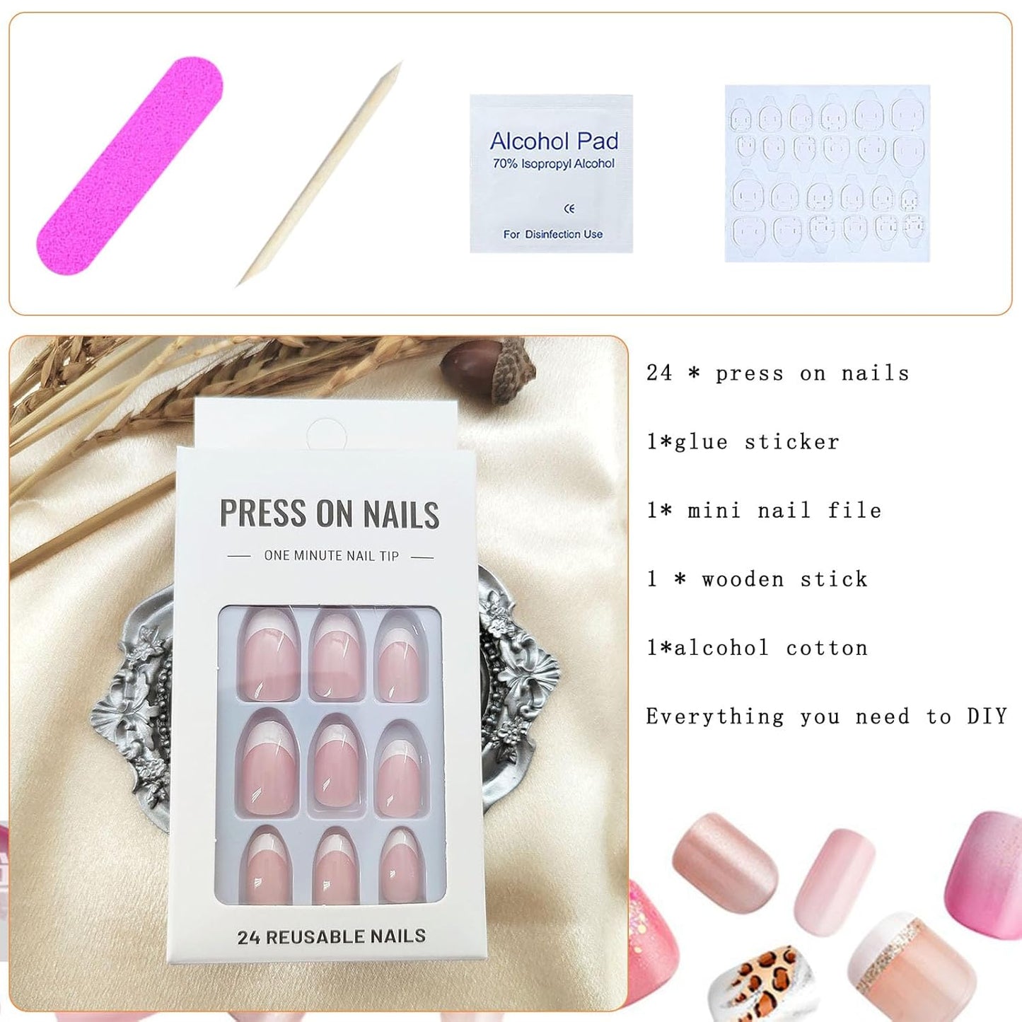 White French Tip Press on Nails Short Oval Fake Nails Press on Nails Daily Wear Simple Glue on Nails Light Pink Full Cover False Almond Nails Acrylic Stick on Nails for Women 24 Pcs