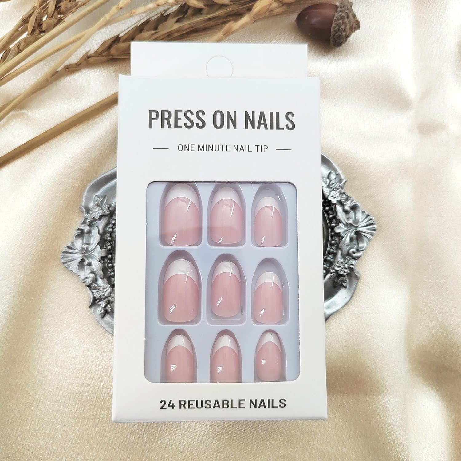 White French Tip Press on Nails Short Oval Fake Nails Press on Nails Daily Wear Simple Glue on Nails Light Pink Full Cover False Almond Nails Acrylic Stick on Nails for Women 24 Pcs